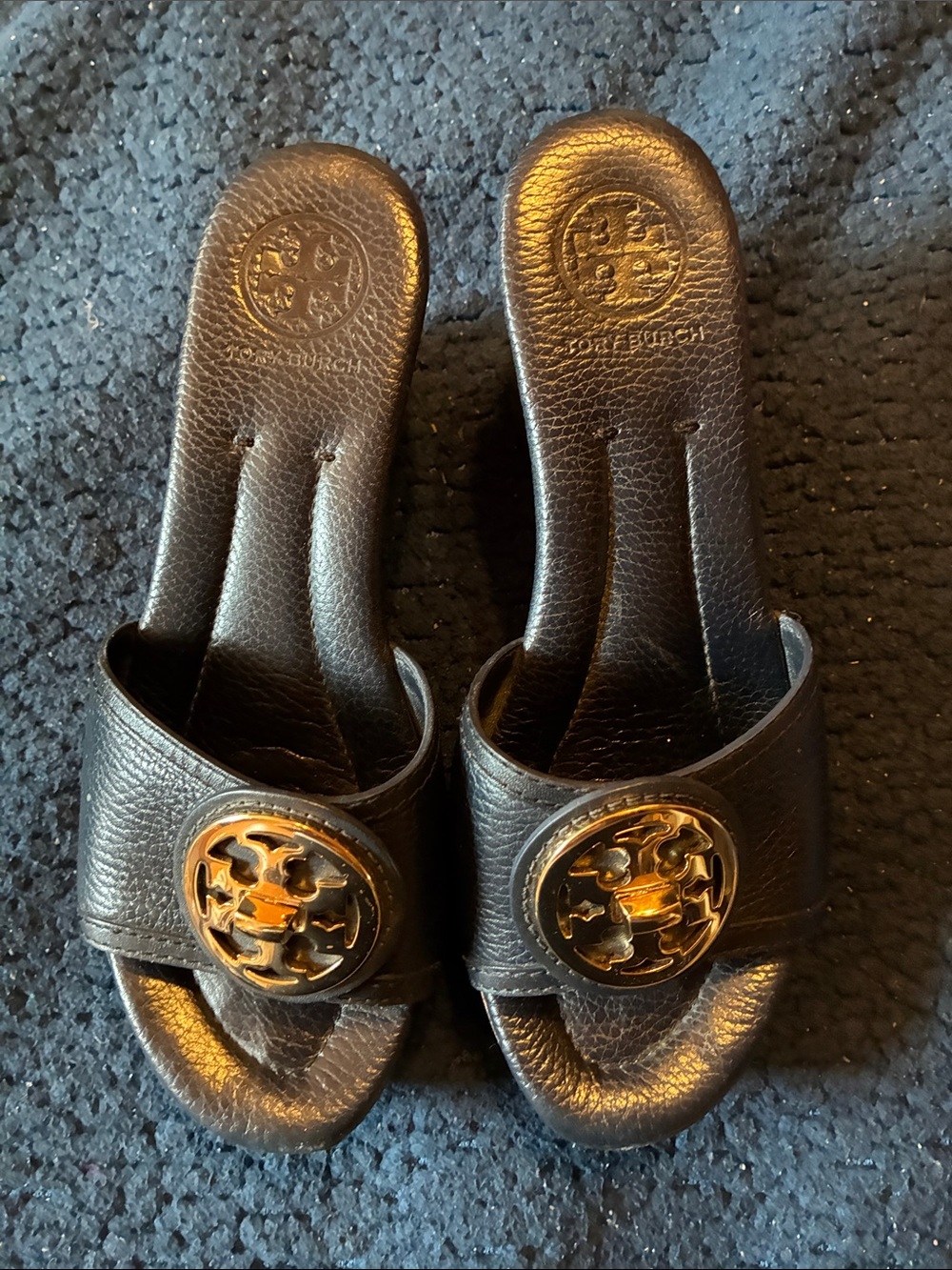 Tory Burch Black Leather Logo Slide Mules with box